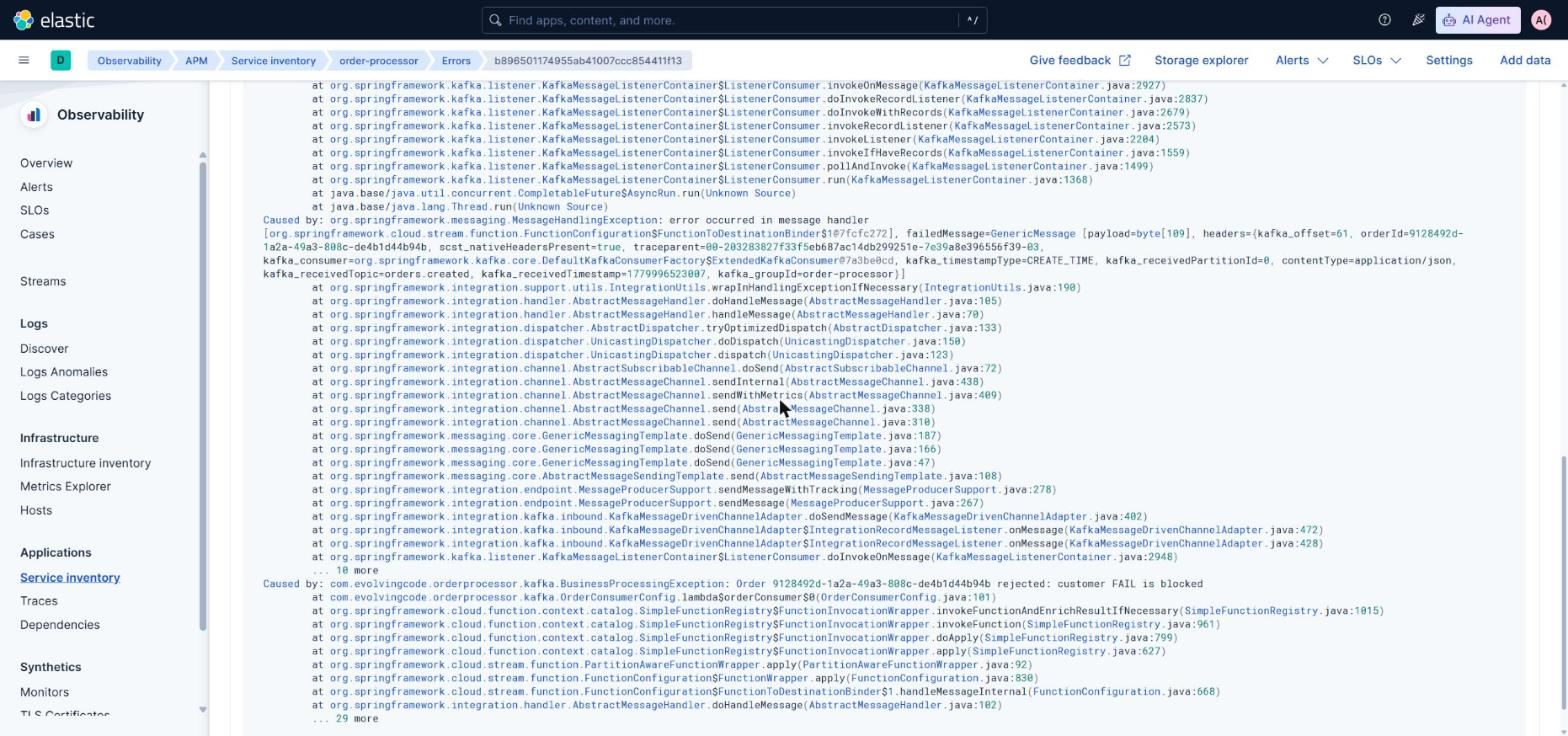 Error detail in the Kibana APM Errors tab with a navigable stack trace showing the Caused by chain of BusinessProcessingException and the OrderConsumerConfig.java frame